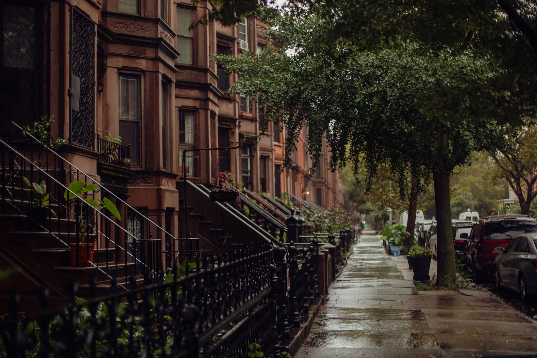 Quaint urban street view of brownstone homes on a rainy New York day.